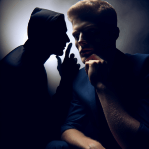 A psychological illustration depicting a dark, shadowy figure whispering into the ear of a vulnerable, thoughtful person, symbolizing manipulation and psychological control.