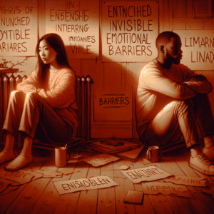 A subtle, emotional illustration depicting a couple sitting apart in a room, surrounded by invisible emotional barriers, with a soft focus and warm tones to express the sensitivity of recognizing the end of a relationship.