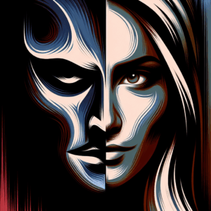 An abstract illustration of two faces, one shadowed and manipulative, the other self-assured and defiant, symbolizing the psychological struggle between a narcissistic manipulator and their victim.