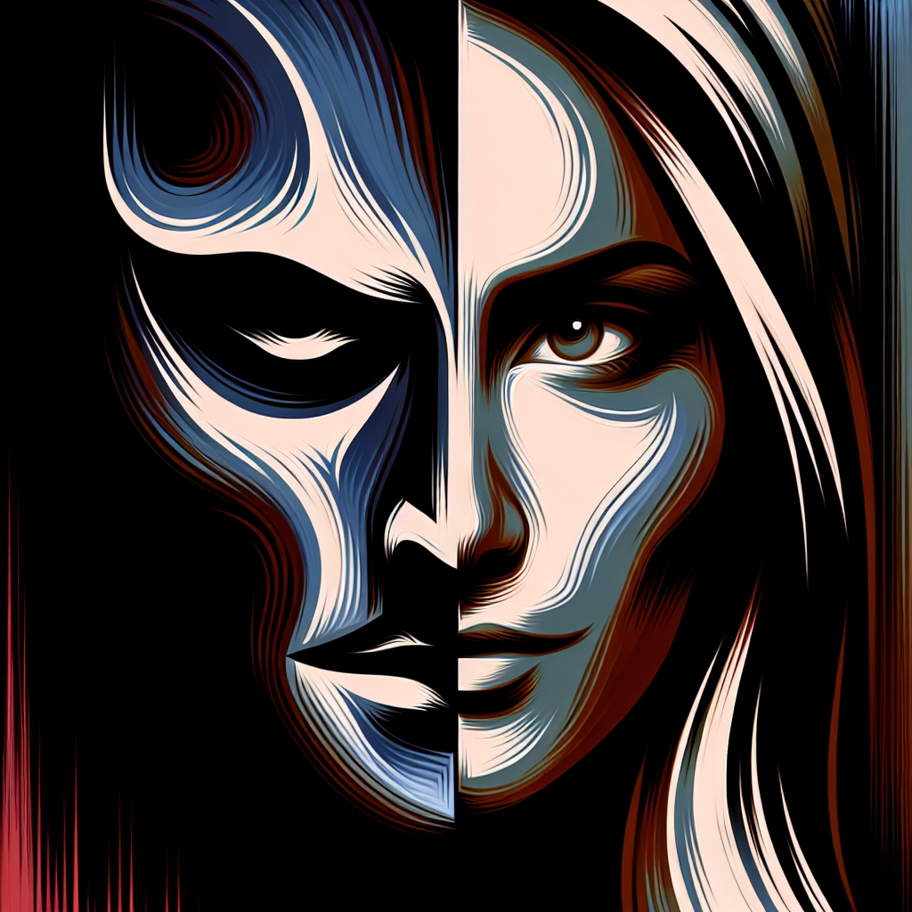 An abstract illustration of two faces, one shadowed and manipulative, the other self-assured and defiant, symbolizing the psychological struggle between a narcissistic manipulator and their victim.