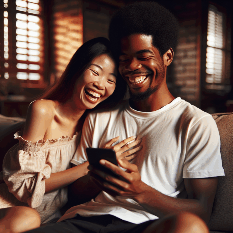 A romantic couple sitting on a cozy sofa, both laughing and looking at a smartphone screen showing funny memes. The room is warmly lit, with a soft ambiance, highlighting their joyful expressions and the intimacy of their connection.