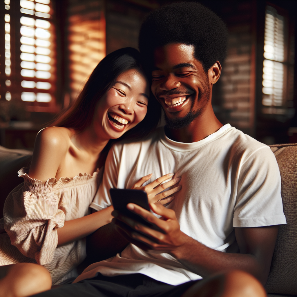 A romantic couple sitting on a cozy sofa, both laughing and looking at a smartphone screen showing funny memes. The room is warmly lit, with a soft ambiance, highlighting their joyful expressions and the intimacy of their connection.