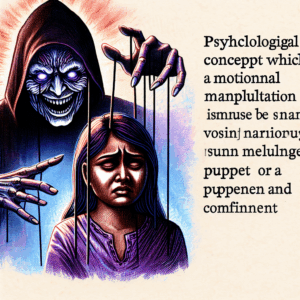 A psychological concept illustration depicting a shadowy, manipulative figure speaking to a distressed individual. The scene should convey the concept of emotional manipulation, with symbolic elements like strings or puppet imagery indicating control and entrapment.
