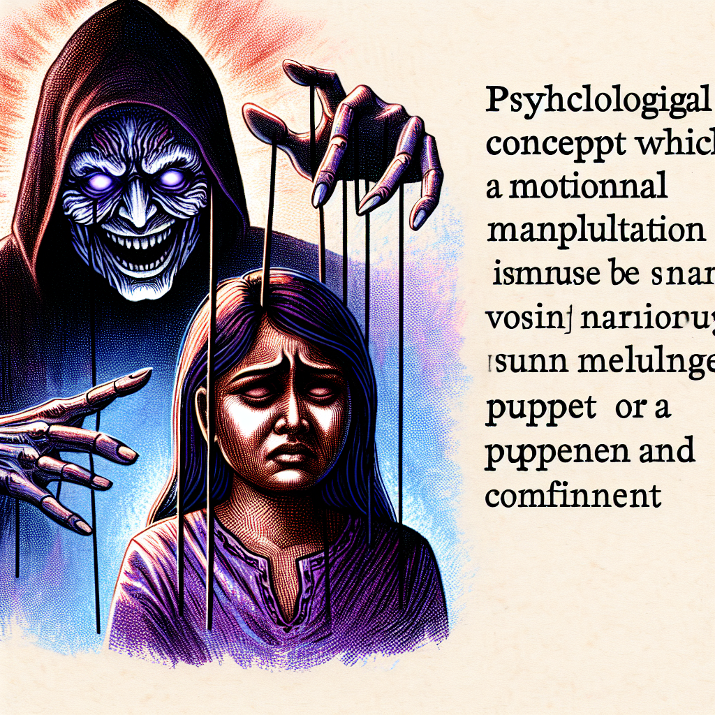 A psychological concept illustration depicting a shadowy, manipulative figure speaking to a distressed individual. The scene should convey the concept of emotional manipulation, with symbolic elements like strings or puppet imagery indicating control and entrapment.