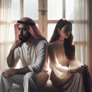 A calm couple sitting apart, each reflecting, in a peaceful room filled with soft natural light, symbolizing harmony and introspection after a conflict.