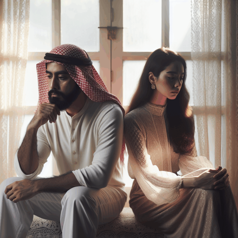A calm couple sitting apart, each reflecting, in a peaceful room filled with soft natural light, symbolizing harmony and introspection after a conflict.