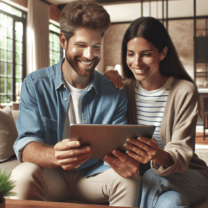 Un couple utilisant une application pour couples sur une tablette dans un salon moderne et lumineux, souriant et interagissant avec l'application. Un style réaliste et chaleureux, illustrant une connexion émotionnelle et une ambiance détendue.
