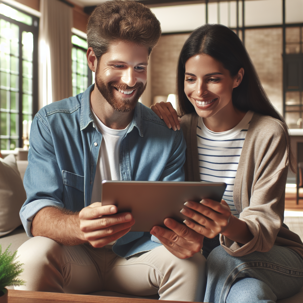 Un couple utilisant une application pour couples sur une tablette dans un salon moderne et lumineux, souriant et interagissant avec l'application. Un style réaliste et chaleureux, illustrant une connexion émotionnelle et une ambiance détendue.
