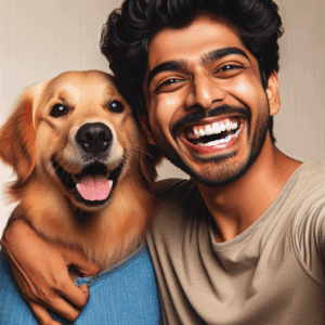 A cheerful young man with a golden retriever, both radiating happiness and joy, symbolizing the concept of a 'golden retriever boyfriend' characterized by loyalty and positivity.