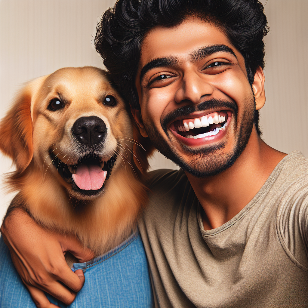 A cheerful young man with a golden retriever, both radiating happiness and joy, symbolizing the concept of a 'golden retriever boyfriend' characterized by loyalty and positivity.