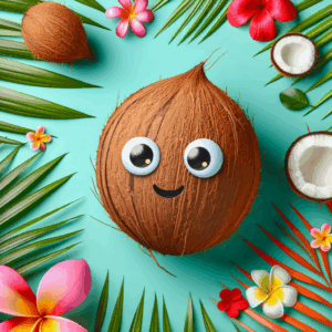 A humorous and light-hearted illustration of a coconut decorated with playful, cartoon-style facial expressions, surrounded by tropical elements like palm leaves and flowers, giving it a whimsical, fun look.