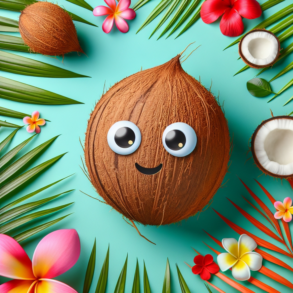 A humorous and light-hearted illustration of a coconut decorated with playful, cartoon-style facial expressions, surrounded by tropical elements like palm leaves and flowers, giving it a whimsical, fun look.