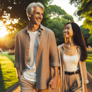 A diverse couple sharing a loving moment, smiling warmly at each other with a beautiful sunset backdrop, symbolizing unity despite age differences. The image conveys warmth, acceptance, and love, showcasing an age-gap couple in everyday life, emphasizing their happiness.