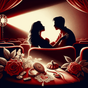 A romantic and sensual cinema scene illustration, showing a soft glow of a projector light, a plush red theater seat, and silhouettes of a couple in an intimate moment. Include elements from classical romantic films with a touch of mystery and allure.