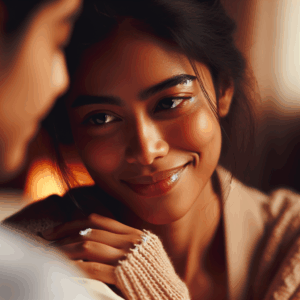 A serene and affectionate scene of a woman with a soft, loving gaze, her eyes slightly dilated, smiling gently in a cozy, romantic setting, evoking warmth and intimacy.