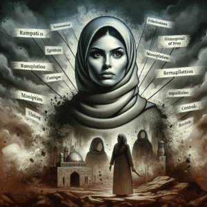 An illustration depicting a person surrounded by quotes in an ominous atmosphere, symbolizing manipulation and control. The person appears defiant and self-assured, suggesting inner strength and resilience.