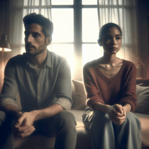 A calm couple sitting apart with thoughtful expressions, set in a cozy living room, light coming through the window, symbolizing reflection and peace after a disagreement.