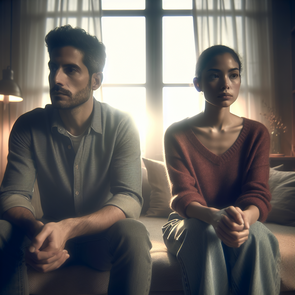 A calm couple sitting apart with thoughtful expressions, set in a cozy living room, light coming through the window, symbolizing reflection and peace after a disagreement.