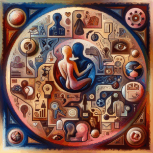 An artistic representation of a sensual and educational exploration of anal pleasure, featuring symbols of communication, consent, and intimacy in a tasteful and abstract manner.