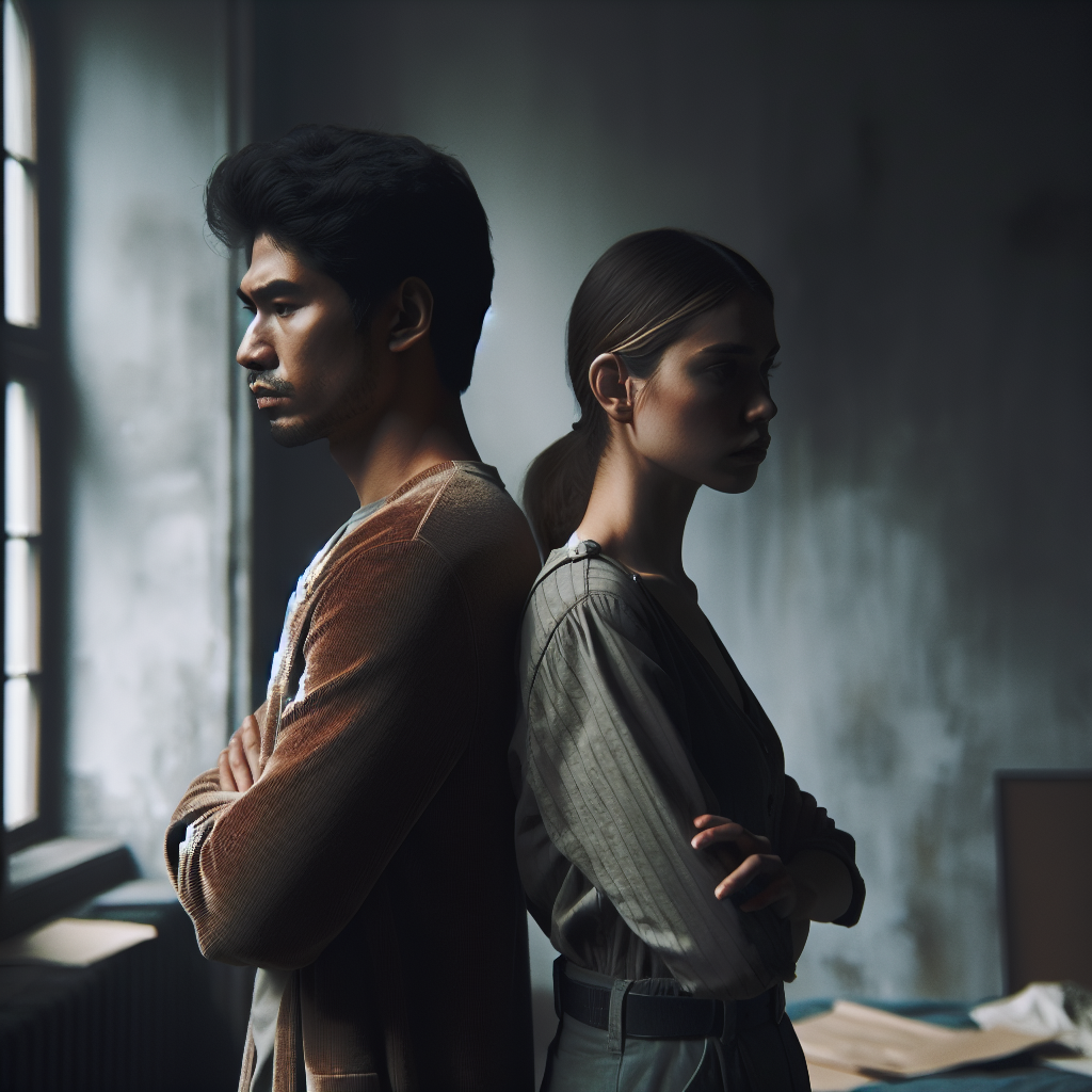 A couple standing back to back, looking distant and thoughtful, in a dimly lit room with muted colors suggesting emotional distance and reflection.