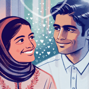 An illustration of a woman smiling with a loving gaze, looking at a person. She exudes happiness and warmth, surrounded by subtle hearts and soft colors that emphasize affection and connection.