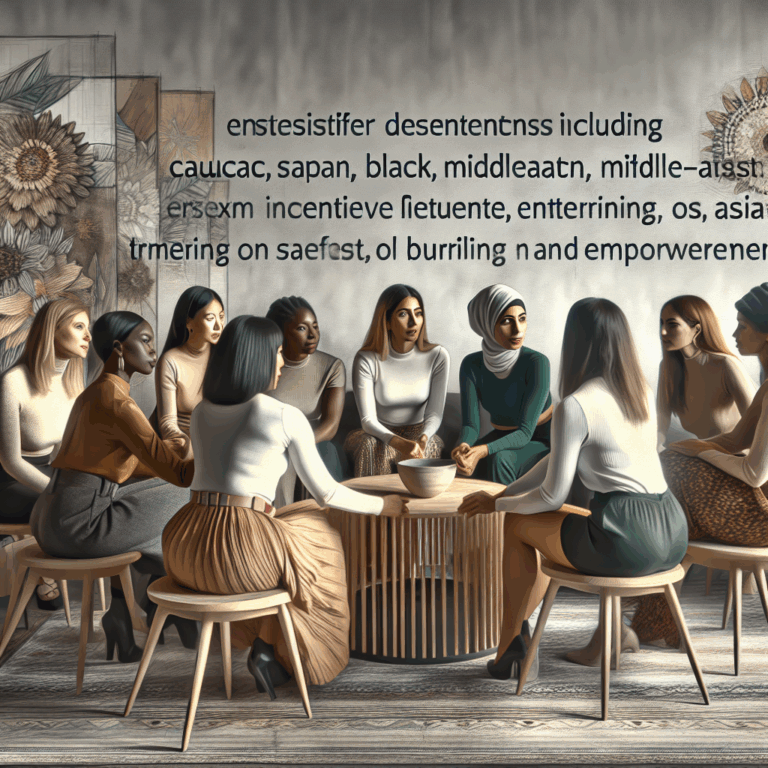 An artistic, respectful illustration showing a diverse group of women discussing intimate and personal topics in a supportive and positive environment. The setting should be modern, inclusive, and focus on empowerment, reflecting an atmosphere of safety and trust.