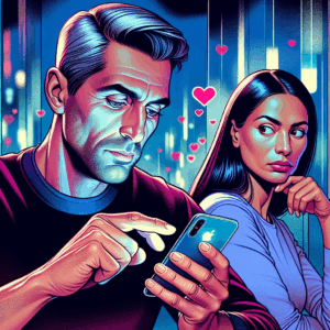 Un couple avec un téléphone, l’un cherchant sur une application de rencontre pendant que l’autre regarde avec suspicion. Illustration dans un style moderne et coloré, montrant la dynamique de la suspicion et de l'usage des technologies numériques.