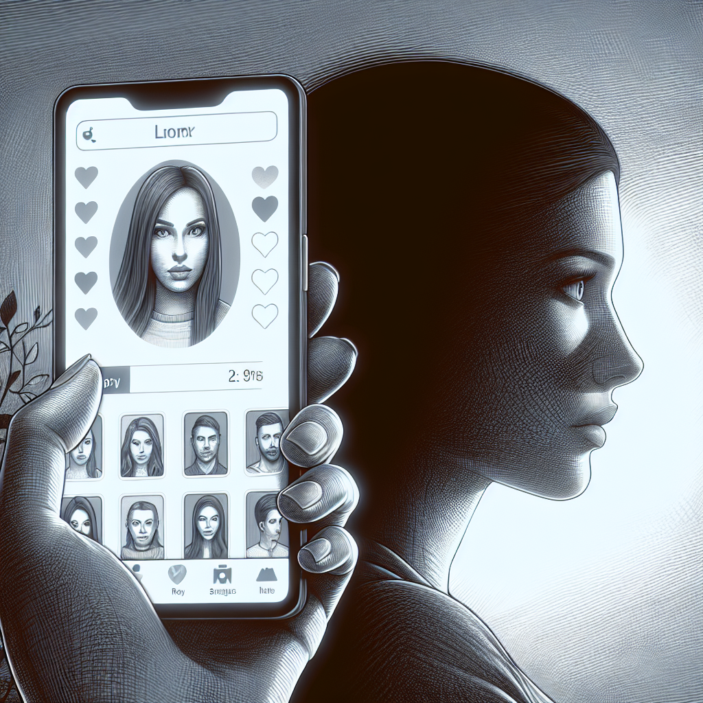 A concept illustration featuring a smartphone displaying a dating app with a worried face in the background, symbolizing suspicion in a relationship due to online dating.