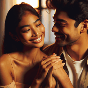 A woman with a radiant smile, subtle gestures of affection towards a partner, warm hues to evoke feelings of love and connection.