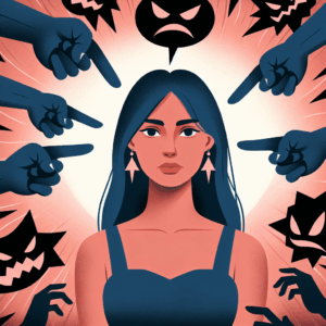 Illustration d'une personne entourée de phrases toxiques symbolisées par des bulles de dialogue sombres, accentuant un sentiment d'emprise psychologique.