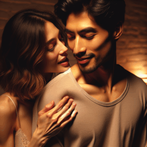 An intimate moment between a couple, where one partner playfully bites the other’s shoulder, set in a cozy atmosphere to illustrate affection and complex emotions behind this behavior.