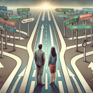 A couple standing at a crossroad, symbolizing a critical decision point in a relationship. They are surrounded by different lanes labeled with numbers representing different years. The setting is thoughtful and emotional, showcasing a blend of hope and uncertainty.