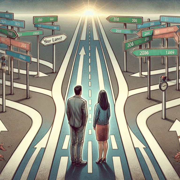 A couple standing at a crossroad, symbolizing a critical decision point in a relationship. They are surrounded by different lanes labeled with numbers representing different years. The setting is thoughtful and emotional, showcasing a blend of hope and uncertainty.