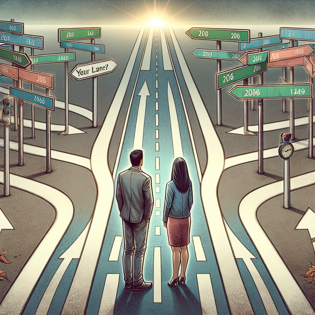A couple standing at a crossroad, symbolizing a critical decision point in a relationship. They are surrounded by different lanes labeled with numbers representing different years. The setting is thoughtful and emotional, showcasing a blend of hope and uncertainty.