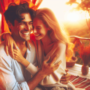 A romantic couple rediscovering love, surrounded by warm colors, symbolizing renewed passion. They are engaging in joyful activities together, laughing and embracing in an intimate setting.