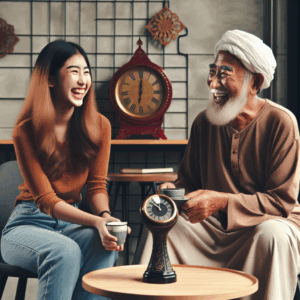 A couple of different ages, sitting together happily in a cozy cafe, surrounded by subtle age-contrast symbolism in the decor (like a vintage clock and modern furniture), exuding warmth and understanding.