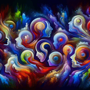 An abstract representation of human silhouettes in a state of trance and euphoria, depicted through soft gradients of vibrant colors, symbolizing the concept of prolonged pleasure and intensity in sexual practices.