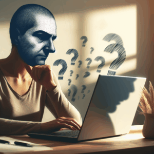 Une personne, assise à un bureau dans une pièce lumineuse, scrutant attentivement un ordinateur portable, avec un visage pensif et inquiet, entouré(e) d’ombres subtiles représentant la méfiance et le doute, symbolisant la recherche de vérité dans une relation.