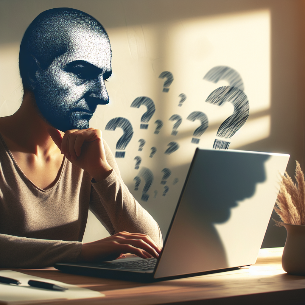 Une personne, assise à un bureau dans une pièce lumineuse, scrutant attentivement un ordinateur portable, avec un visage pensif et inquiet, entouré(e) d’ombres subtiles représentant la méfiance et le doute, symbolisant la recherche de vérité dans une relation.