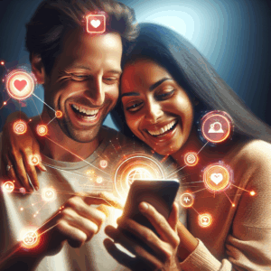 A couple using a smartphone together, looking happy and engaged, with app interface elements glowing around them, symbolizing connection and relationship enhancement through technology.