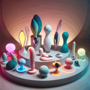 A collection of colorful and futuristic sextoys displayed on a sleek, modern table. The sextoys have various shapes and sizes, some with digital elements and others with organic designs. The background shows a soft, ambient lighting that gives a sensual and sophisticated atmosphere.