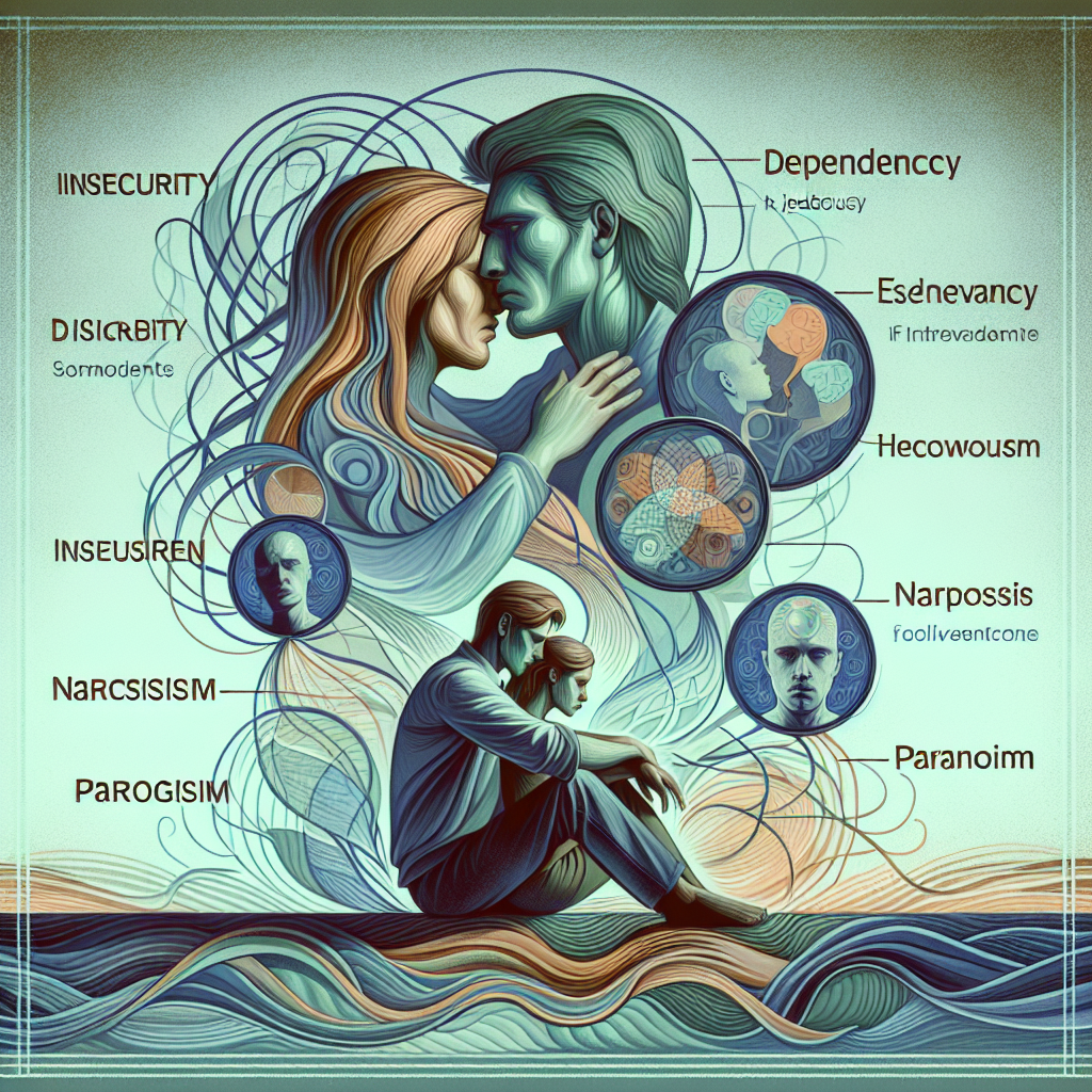 A psychological illustration depicting various shades of jealousy in relationships, showing a couple with emotional tension along with symbolic representations of insecurity, dependency, narcissism, and paranoia in soft, muted colors.