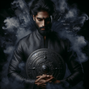 An illustration of a person surrounded by shadows, symbolizing psychological manipulation. The person appears thoughtful and calm, holding a shield representing self-defense strategies against manipulative phrases.