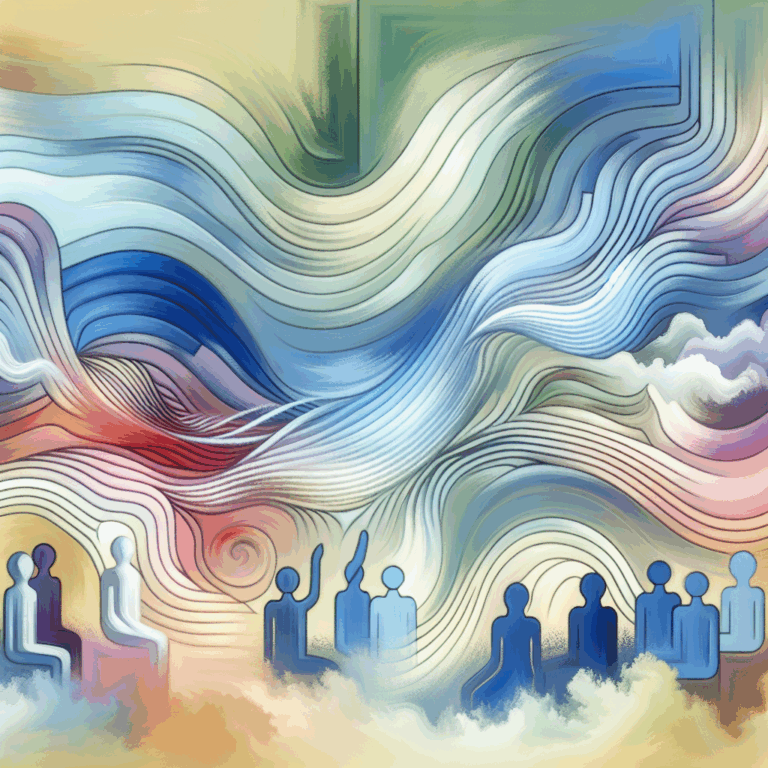An abstract illustration showing people experiencing pleasure and euphoria, with expressive waves and swirling colors representing the trance-like state during the gooning practice, set in a soft, pastel palette.
