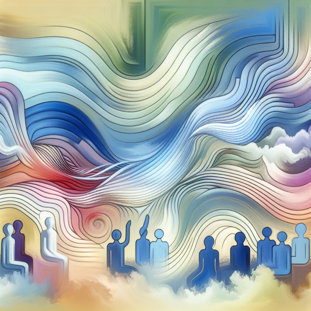 An abstract illustration showing people experiencing pleasure and euphoria, with expressive waves and swirling colors representing the trance-like state during the gooning practice, set in a soft, pastel palette.