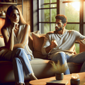 A thoughtful couple having a discussion in a cozy living room setting, one partner showing signs of jealousy, with subtle cues such as clenched fists or a concerned expression. Warm lighting, modern decor, and a window showing a peaceful garden scene outside.