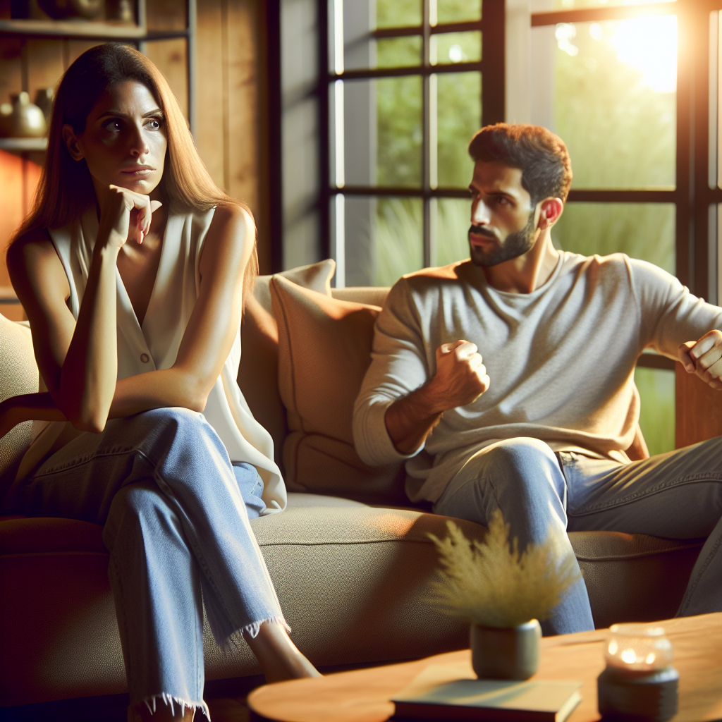 A thoughtful couple having a discussion in a cozy living room setting, one partner showing signs of jealousy, with subtle cues such as clenched fists or a concerned expression. Warm lighting, modern decor, and a window showing a peaceful garden scene outside.