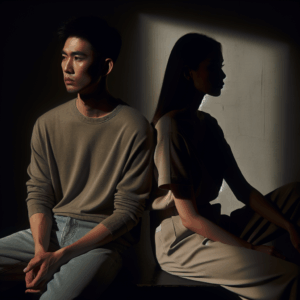 A couple sitting back to back, looking away from each other in a dimly lit room, symbolizing emotional distance and the end of a relationship.