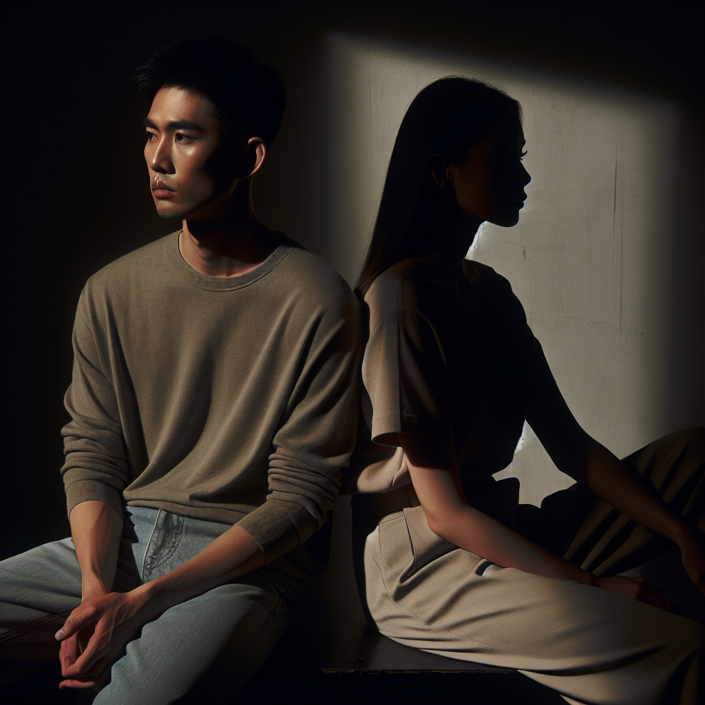 A couple sitting back to back, looking away from each other in a dimly lit room, symbolizing emotional distance and the end of a relationship.