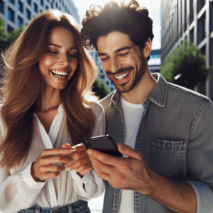 Un couple moderne et heureux, échangant des SMS, rires et surprises, avec des gestes attentionnés et des sourires dans un cadre urbain ensoleillé.